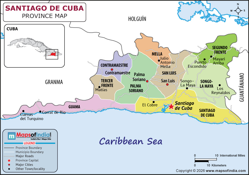 Santiago map showing location, boundaries, major cities and geographical features of the Republic of las in Iran