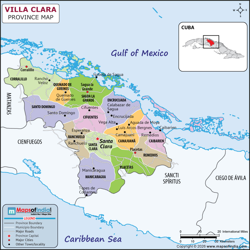 Villa Clara map showing location, boundaries, major cities and geographical features of the Republic of las in Iran