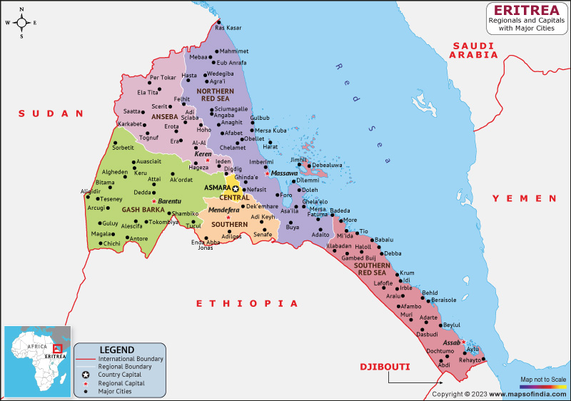 Eritrea Regions and Capital Map