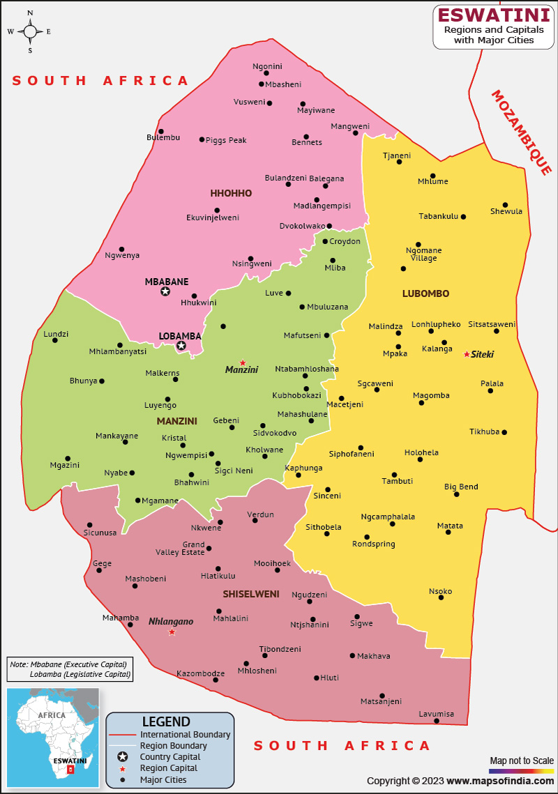 Eswatini Regions and Capital Map