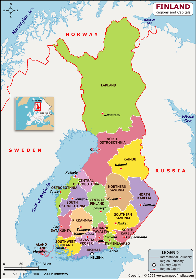 Finland Regions  and Capital Map