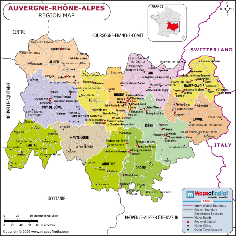 Auvergne Rhone Alpes map showing location, boundaries, major cities and geographical features of Auvergne Rhone Alpes in France