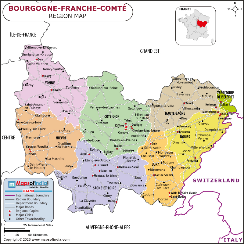 Bourgogne map showing location, boundaries, major cities and geographical features of Bourgogne in France