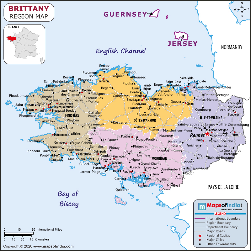 Brittany Map | Location and Geography of Brittany France Brittany map showing location, boundaries, major cities and geographical features of Brittany in France