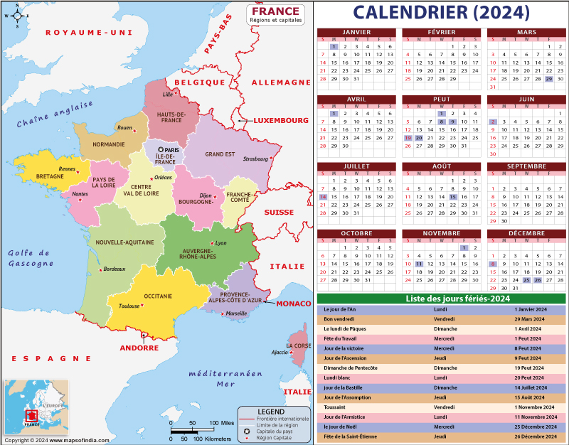 Joyeuses Fêtes, France Carte Calendrier 2024