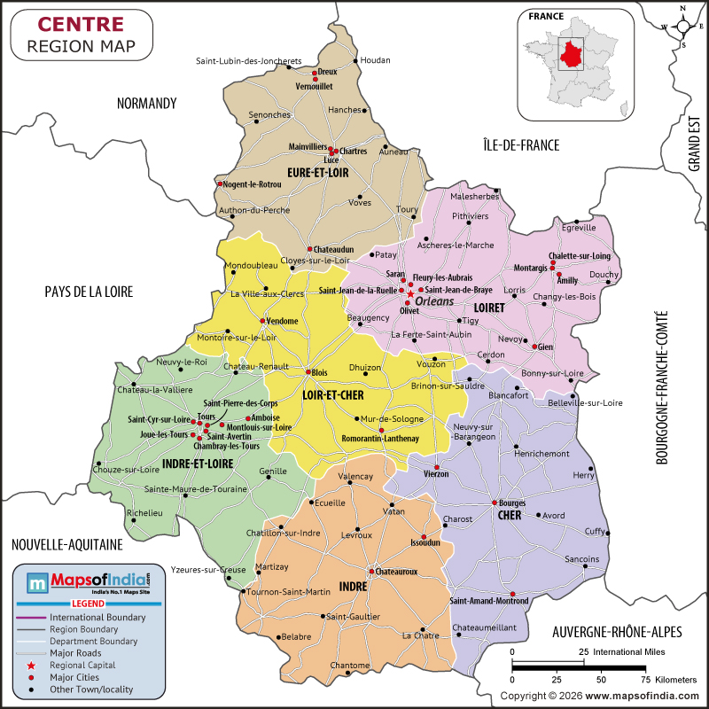 Centre Val De Loire map showing location, boundaries, major cities and geographical features of Centre Val De Loire in France