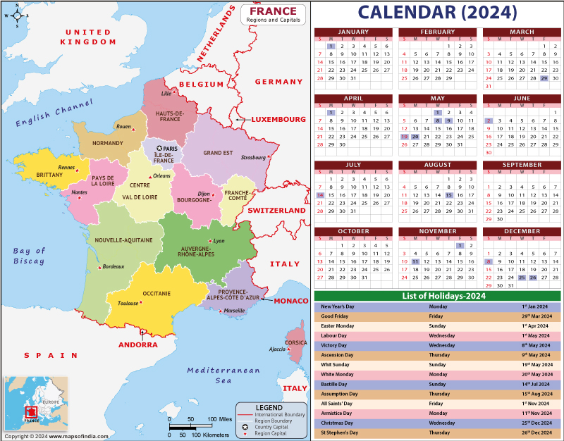 Map of France, calendar 2024