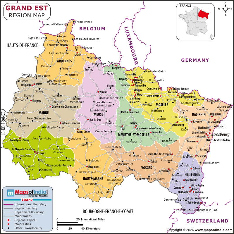 Grand Est map showing location, boundaries, major cities and geographical features of Grand Est in France