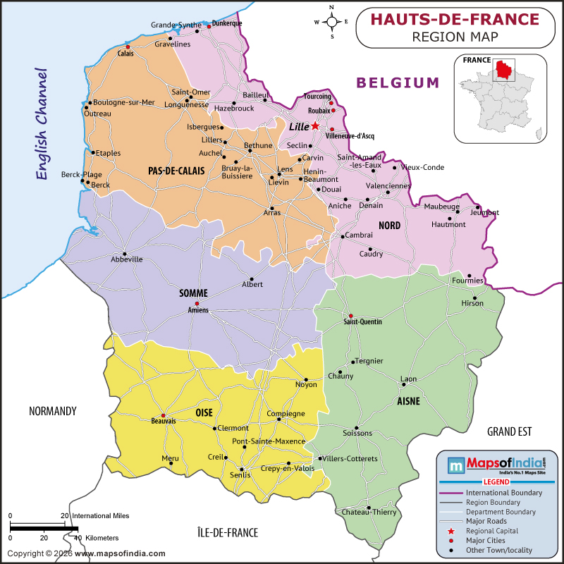 Hauts de France map showing location, boundaries, major cities and geographical features of Hauts de France in France