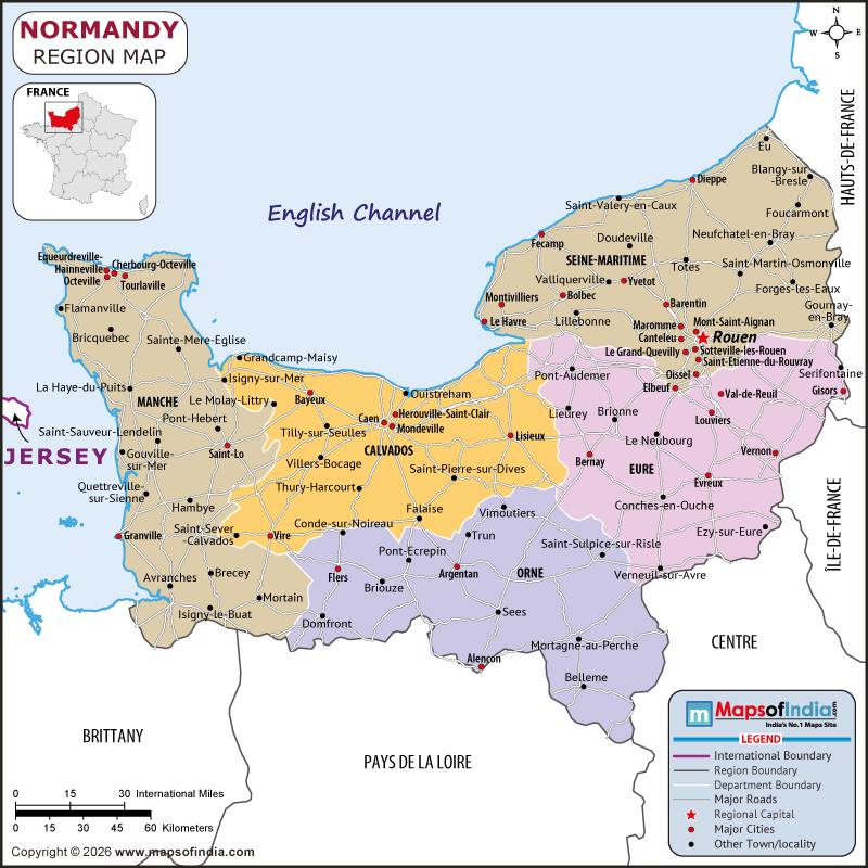 Normandy map showing location, boundaries, major cities and geographical features of Normandy in France