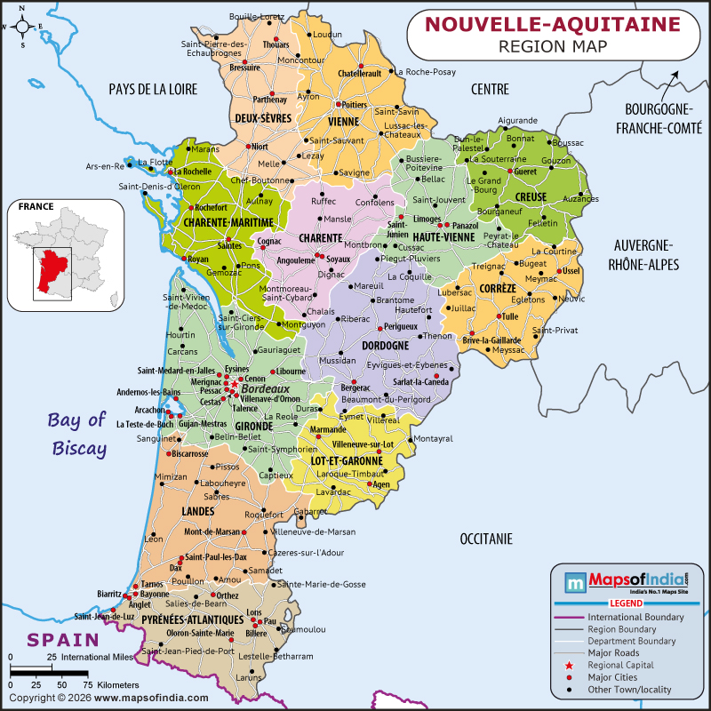 Nouvelle Aquitaine map showing location, boundaries, major cities and geographical features of Nouvelle Aquitaine in France
