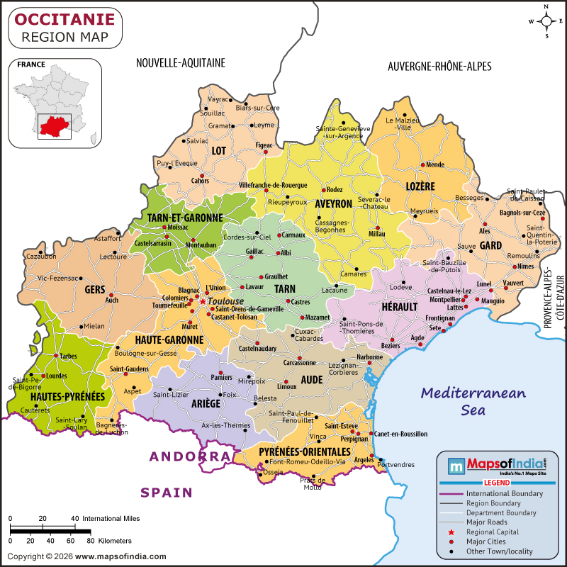 Occitanie map showing location, boundaries, major cities and geographical features of Occitanie in France