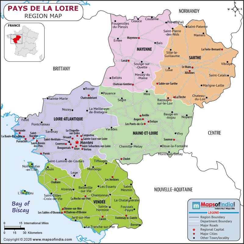 Pays De La Loire Map | Location and Geography of Pays De La Loire France Pays De La Loire map showing location, boundaries, major cities and geographical features of Pays De La Loire in France