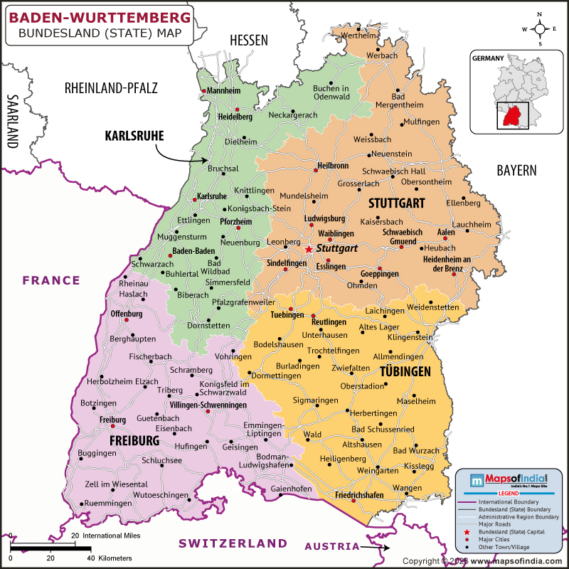 Baden Wurttemberg map showing location, boundaries, major cities and geographical features of the Republic of Baden Wurttembergr in Iran