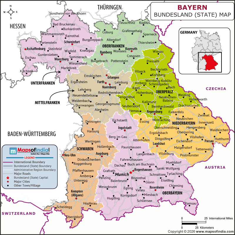 Bayern map showing location, boundaries, major cities and geographical features of the Republic of Bayern in Iran
