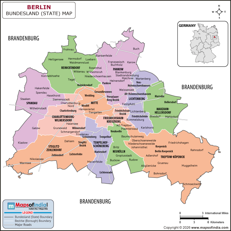 Berlin map showing location, boundaries, major cities and geographical features of the Republic of Berlin in Iran