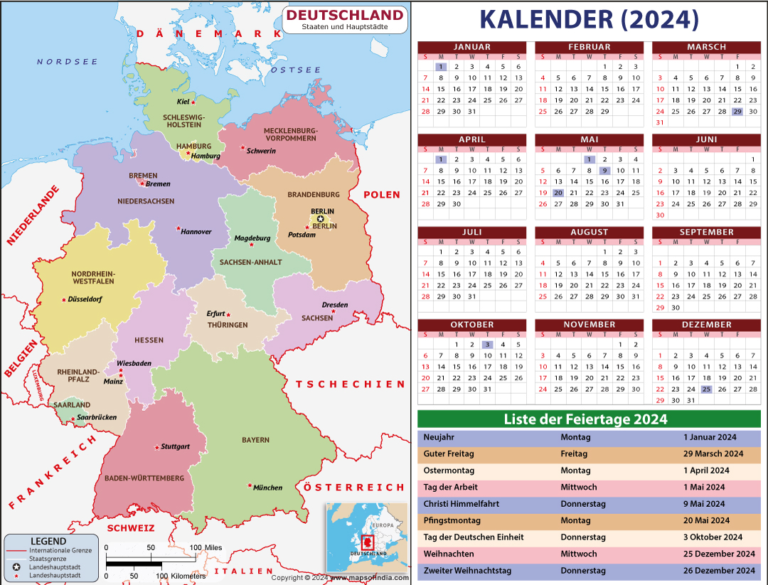 Deutschlandkarte, Kalender 2024