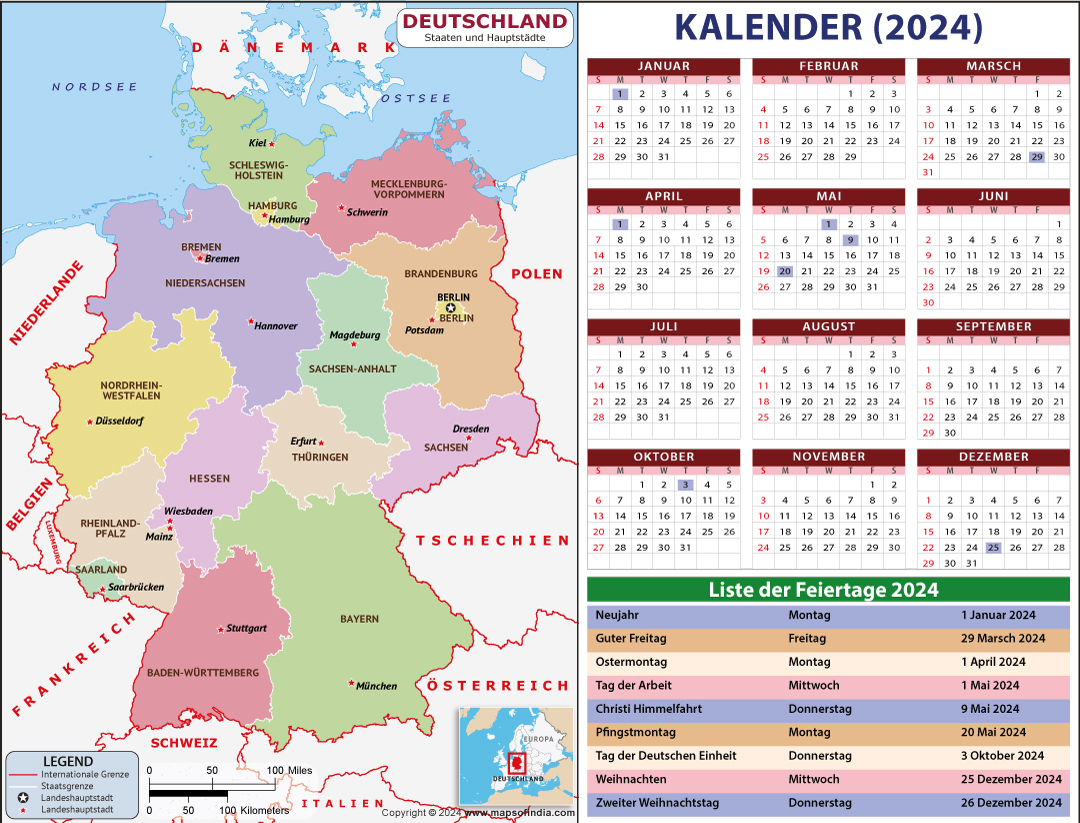 Deutschlandkarte, Kalender 2024 Deutschlandkarte, Kalender 2024