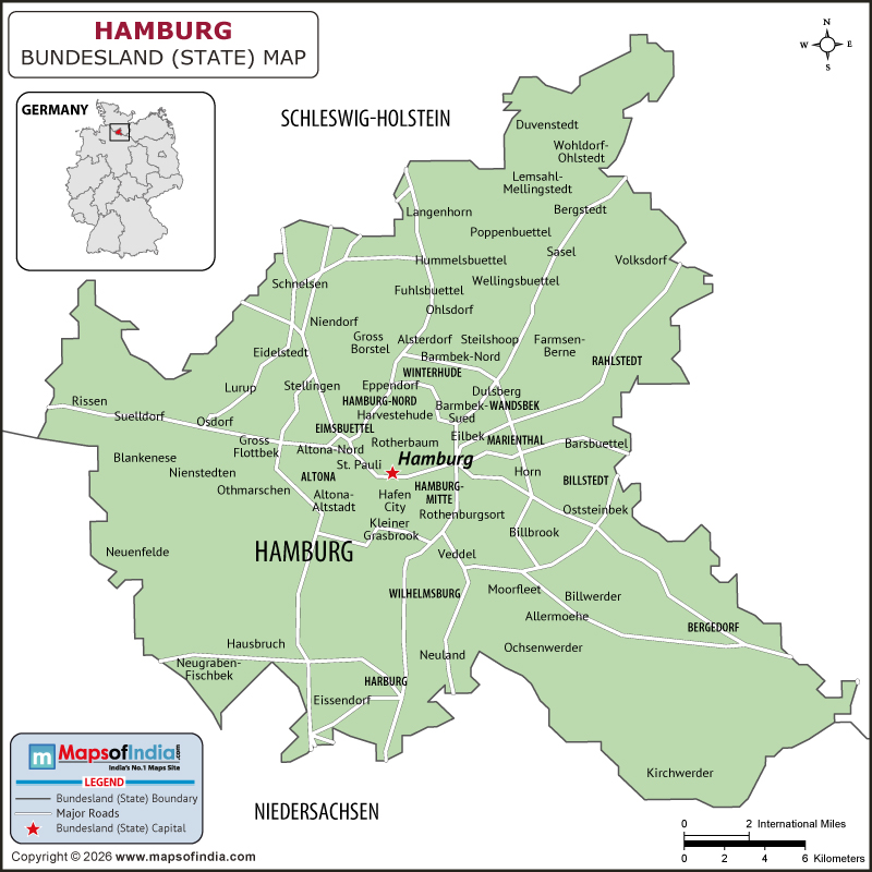 Hamburg map showing location, boundaries, major cities and geographical features of the Republic of Hamburg in Iran