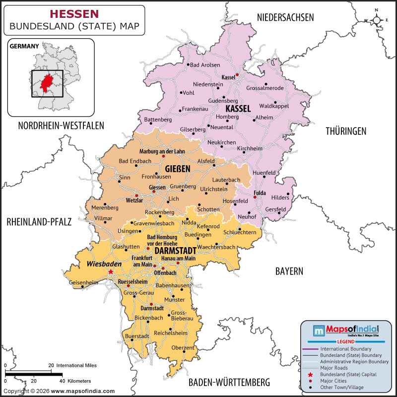 Hessen map showing location, boundaries, major cities and geographical features of the Republic of Hessen in Germany