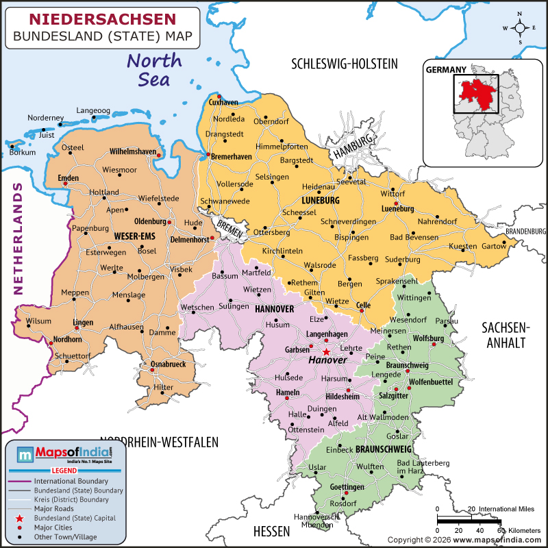 Niedersachsen map showing location, boundaries, major cities and geographical features of the Republic of Niedersachsen in Germany