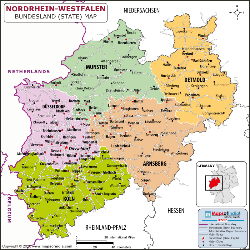Nordrhein Westfalen map showing location, boundaries, major cities and geographical features of the Republic of Nordrhein Westfalen in Germany
