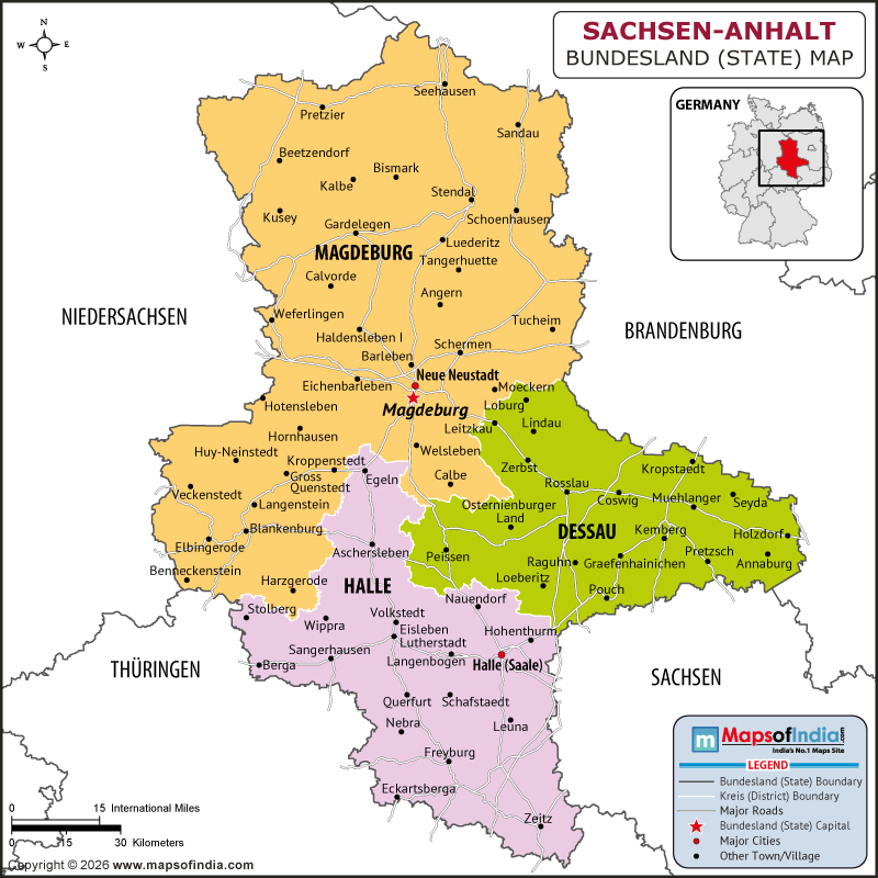 Sachsen-Anhalt map showing location, boundaries, major cities and geographical features of the Republic of Sachsen-Anhalt in Germany