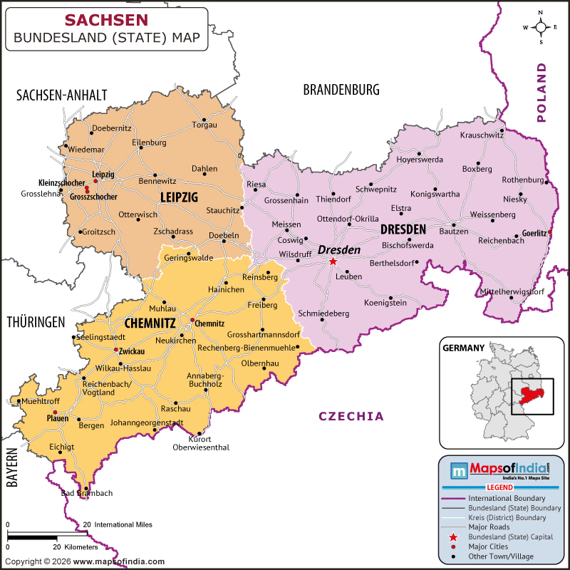 Sachsen map showing location, boundaries, major cities and geographical features of the Republic of Sachsen in Germany