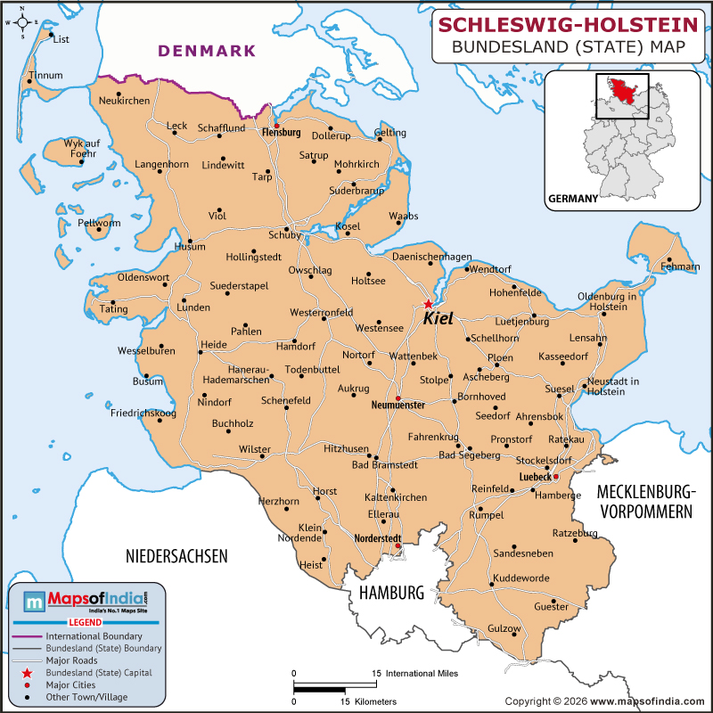 Schleswig-Holstein map showing location, boundaries, major cities and geographical features of the Republic of Schleswig-Holstein in Germany