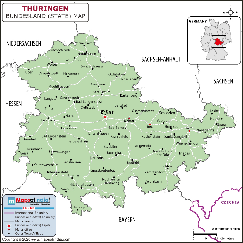 Thuringen map showing location, boundaries, major cities and geographical features of the Republic of Thuringen in Germany