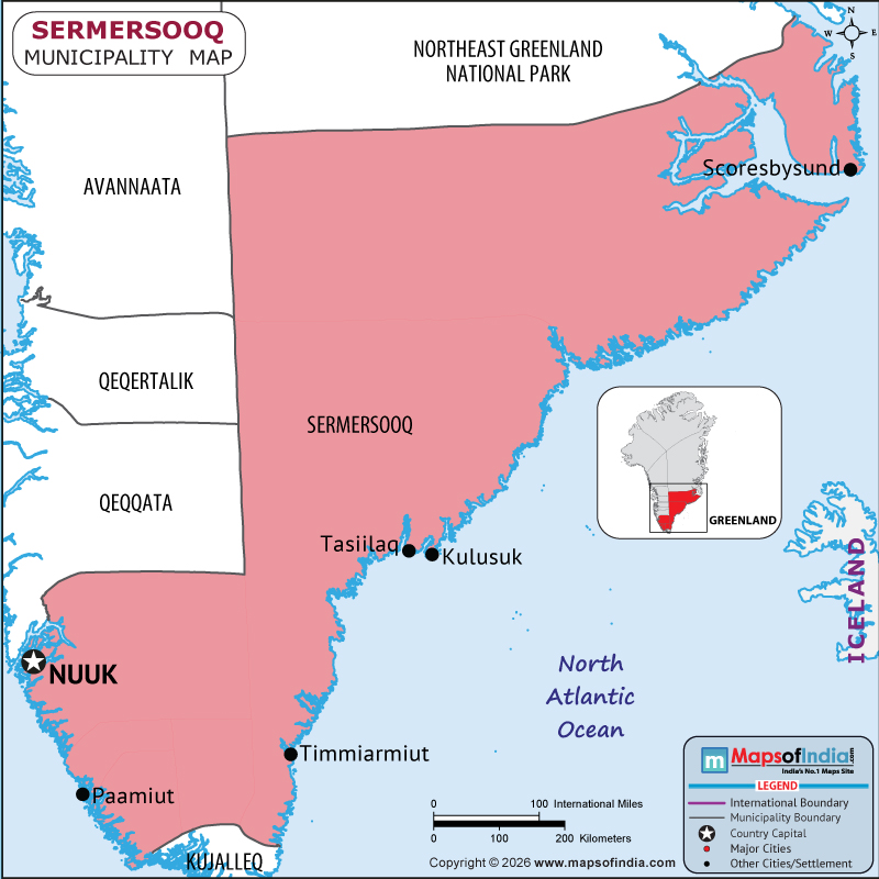 Sermersooq map showing location, boundaries, major cities and geographical features of Sermersooq in Greenland