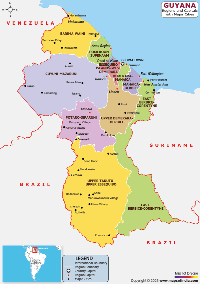 Guyana Regions  and Capital Map