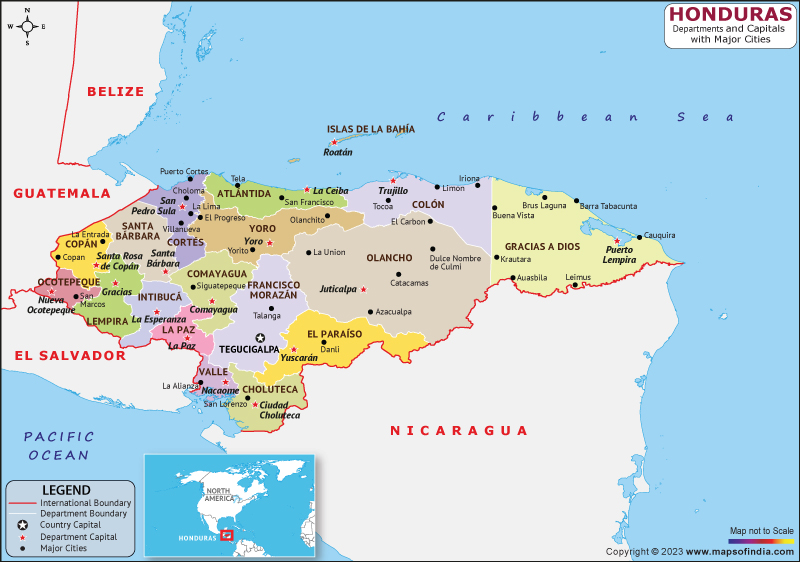 Honduras departments and Capital Map