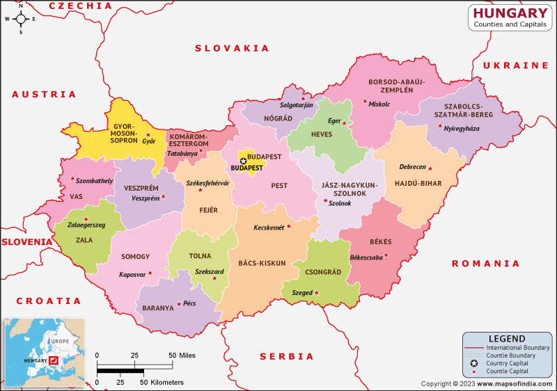 Hungary Counties  and Capital Map