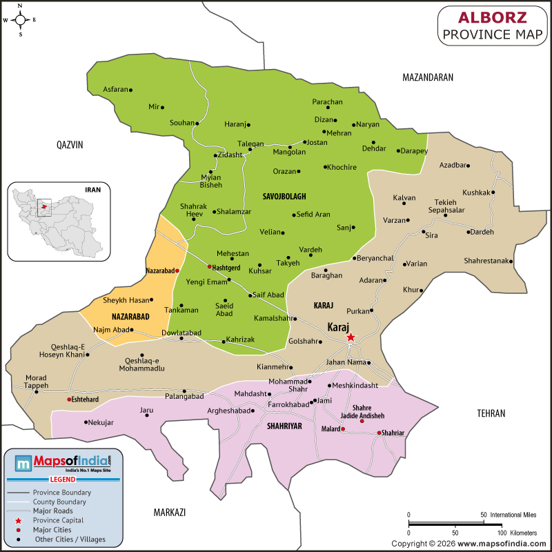 Alborz map showing location, boundaries, major cities and geographical features of the Republic of Alborz in Iran