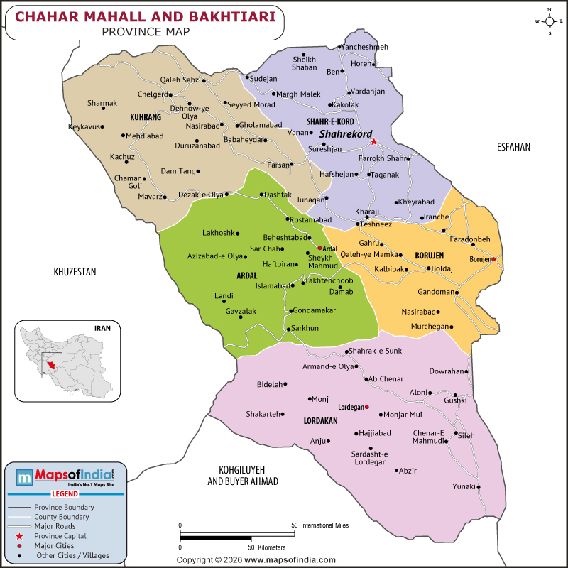 chahar-mahall-and-bakhtiari map showing location, boundaries, major cities and geographical features of the Republic of chahar-mahall-and-bakhtiari in Iran