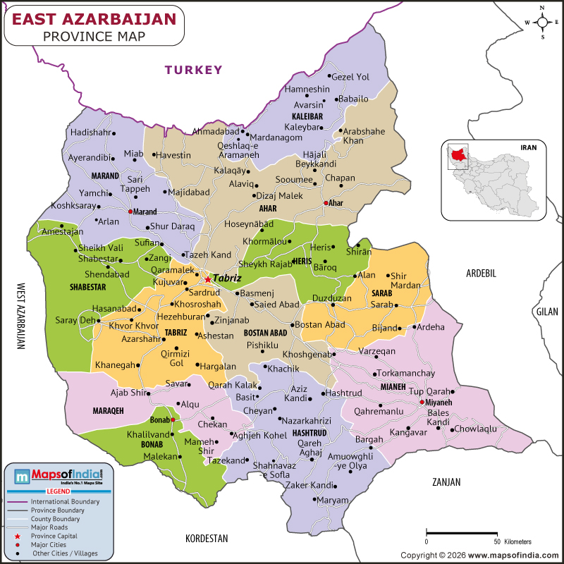 east-azarbaijan map showing location, boundaries, major cities and geographical features of the Republic of east-azarbaijan in Iran