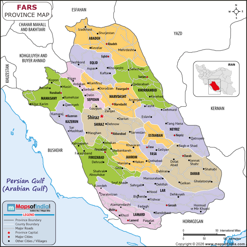 fars map showing location, boundaries, major cities and geographical features of the Republic of fars in Iran