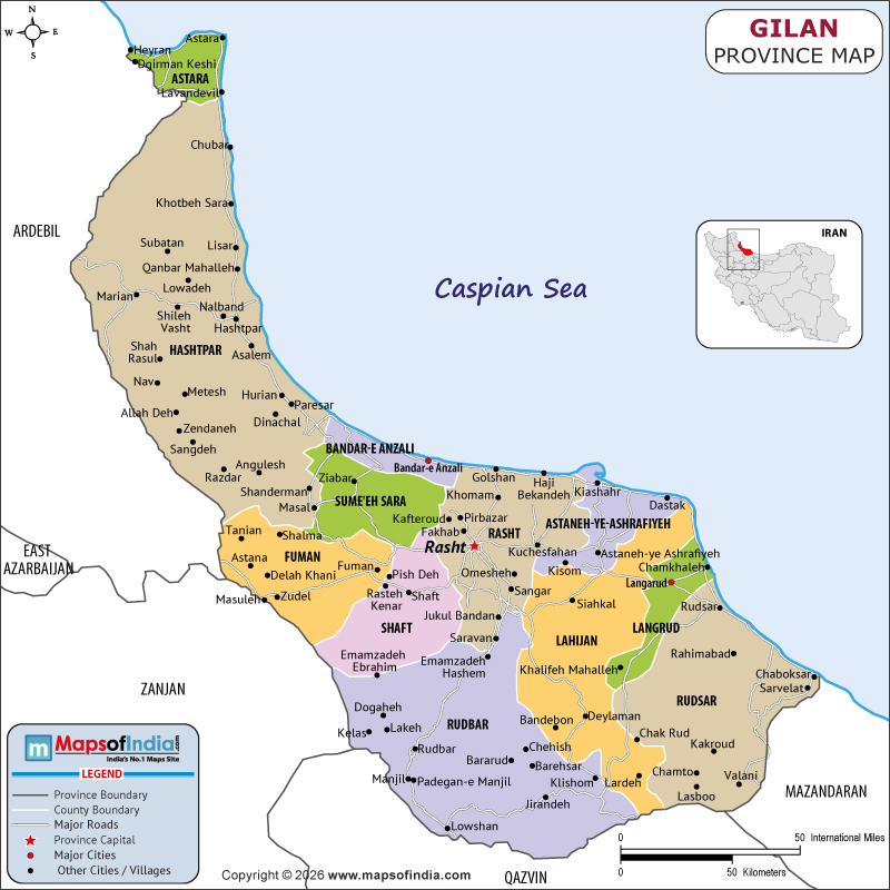 gilan map showing location, boundaries, major cities and geographical features of the Republic of gilan in Iran