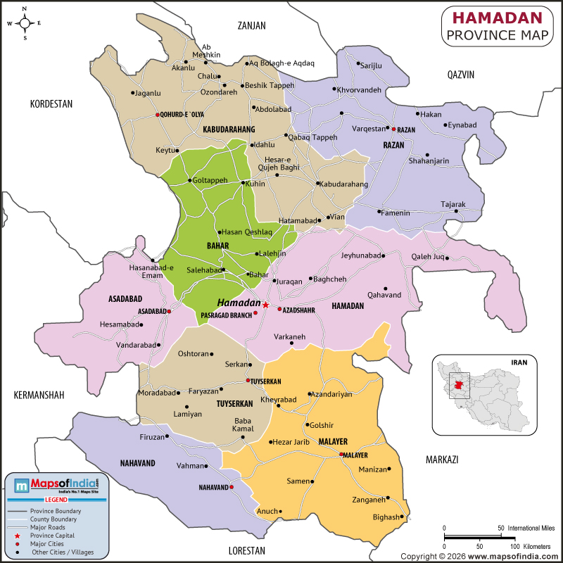 hamadan map showing location, boundaries, major cities and geographical features of the Republic of hamadan in Iran