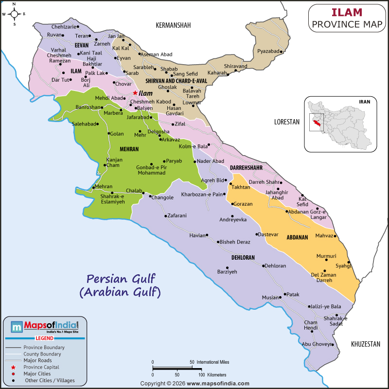 ilam map showing location, boundaries, major cities and geographical features of the Republic of ilam in Iran