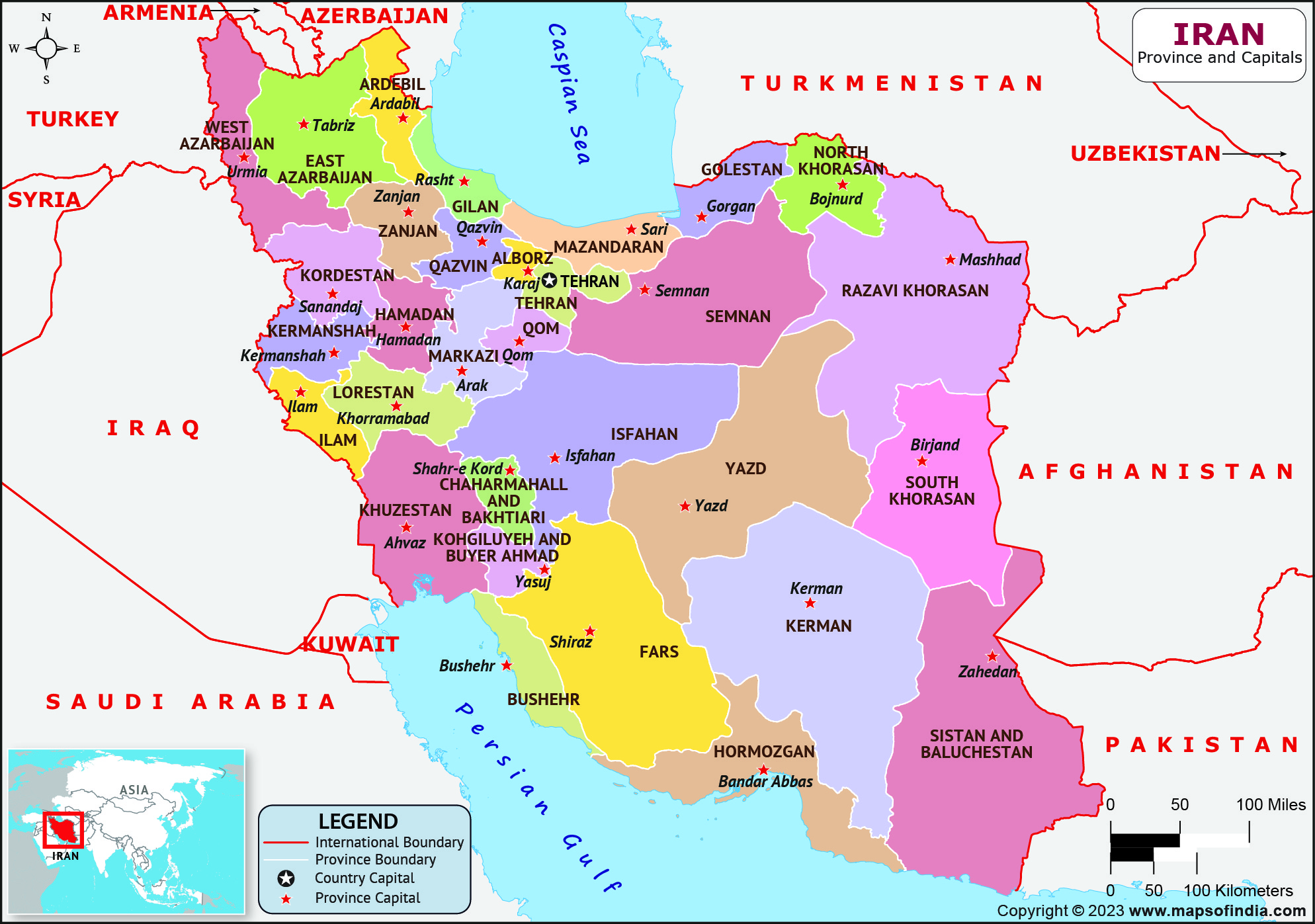 Iran Provinces  and Capital Map