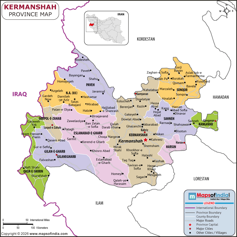kermanshah map showing location, boundaries, major cities and geographical features of the Republic of kermanshah in Iran