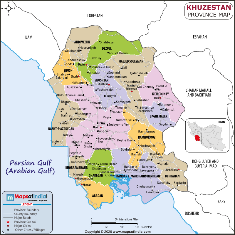 khuzestan map showing location, boundaries, major cities and geographical features of the Republic of khuzestan in Iran