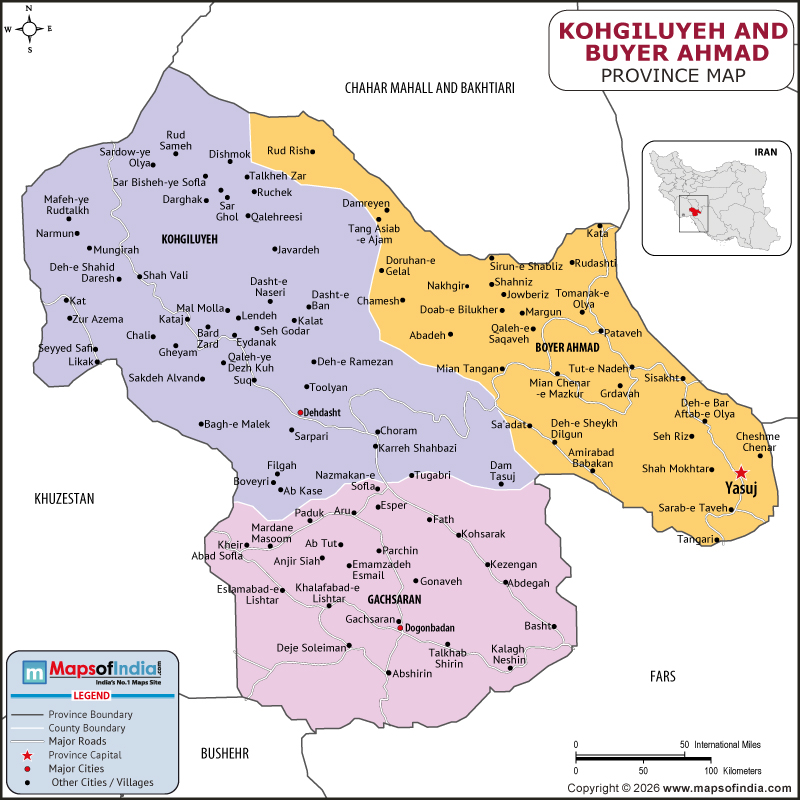 kohgiluyeh-and-buyer-ahmad map showing location, boundaries, major cities and geographical features of the Republic of kohgiluyeh-and-buyer-ahmad in Iran