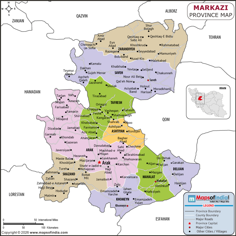 markazi map showing location, boundaries, major cities and geographical features of the Republic of markazi in Iran