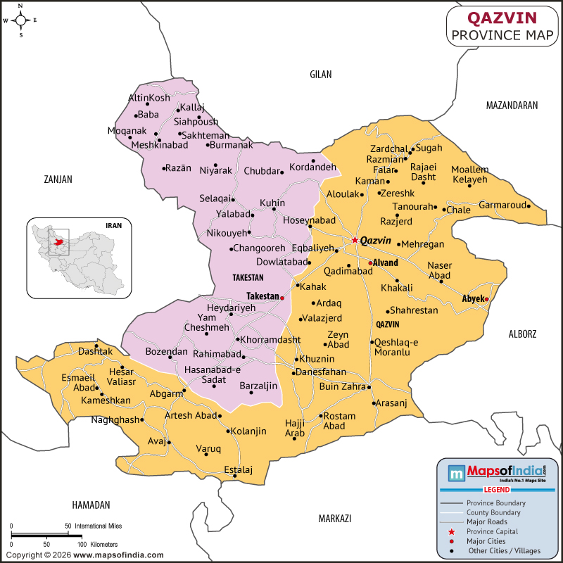 qazvin map showing location, boundaries, major cities and geographical features of the Republic of qazvin in Iran
