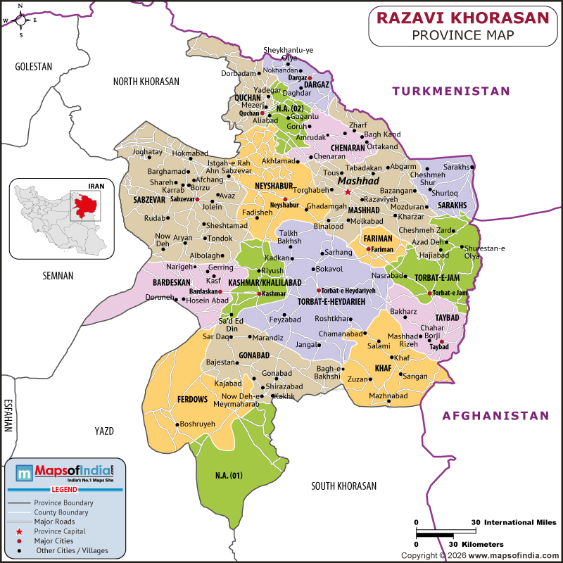 razavi-khorasanmap showing location, boundaries, major cities and geographical features of the Republic of razavi-khorasanin Iran