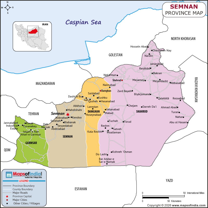 semnan map showing location, boundaries, major cities and geographical features of the Republic of semnan in Iran