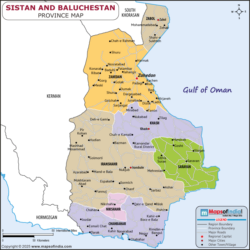 Sistan and Baluchestan map showing location, boundaries, major cities and geographical features of the Republic of Sistan and Baluchestan in Iran